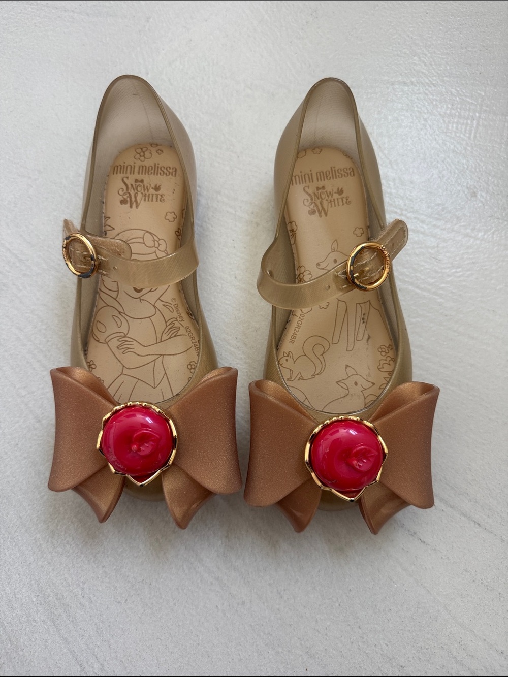 Mini Melissa Gold Mary Jane Flats with Pink Rose Bow